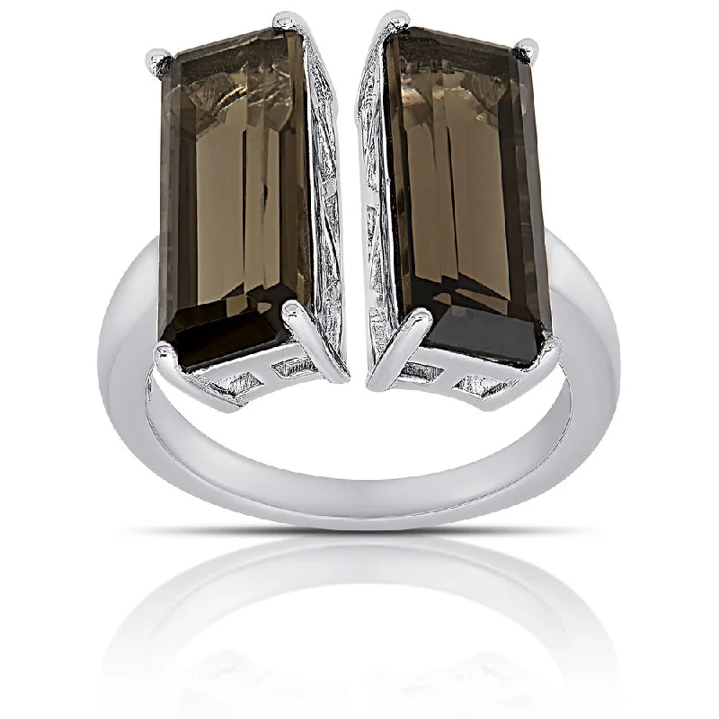 large statement rings -Dolce Giavonna Sterling Silver Smokey Quartz Double T Bar Ring