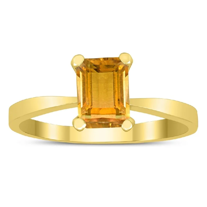 simple wedding rings for women -Emerald Shaped 7X5MM Citrine Solitaire Ring in 10K Yellow Gold