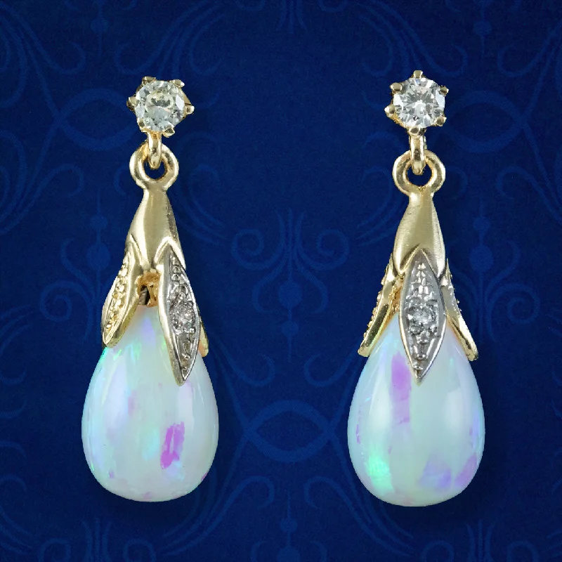 sterling silver earrings for women -Victorian Style Opal Diamond Drop Earrings 9ct Gold