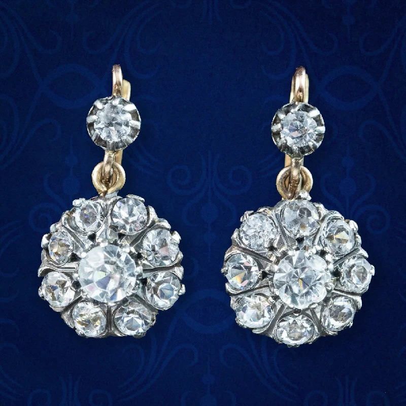 women's silver earrings -Antique Victorian Paste Flower Drop Earrings Silver 18ct Gold