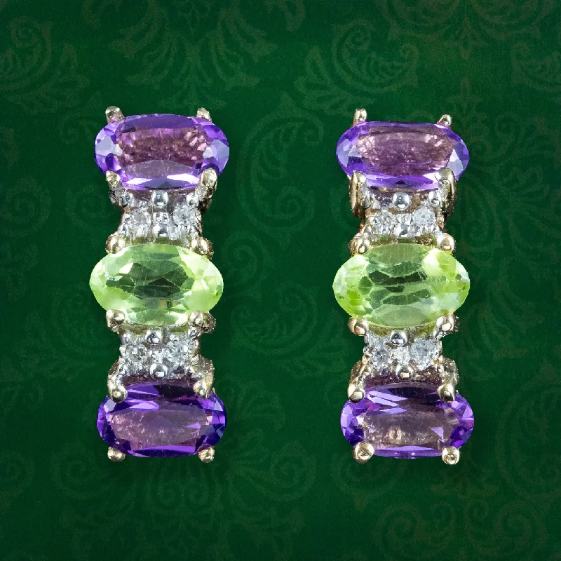 romantic earrings for women -Edwardian Suffragette Style Earrings Amethyst Peridot Diamond 9ct Gold