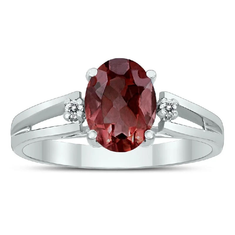 eternity diamond wedding rings -8X6MM Garnet and Diamond Open Three Stone Ring in 10K White Gold