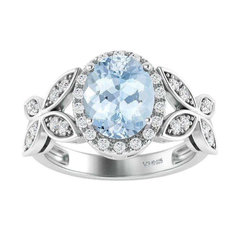 halo wedding rings for women -Sterling Silver with Natural Aquamarine and White Topaz Halo Ring