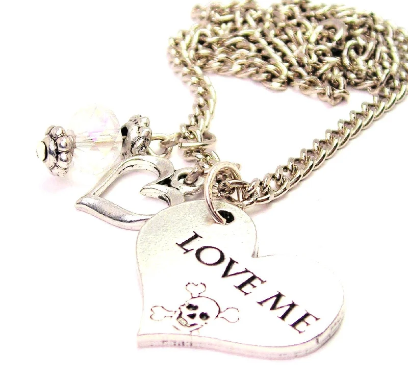 bridal choker necklaces -Love Me With Skull And Crossbones Necklace with Small Heart