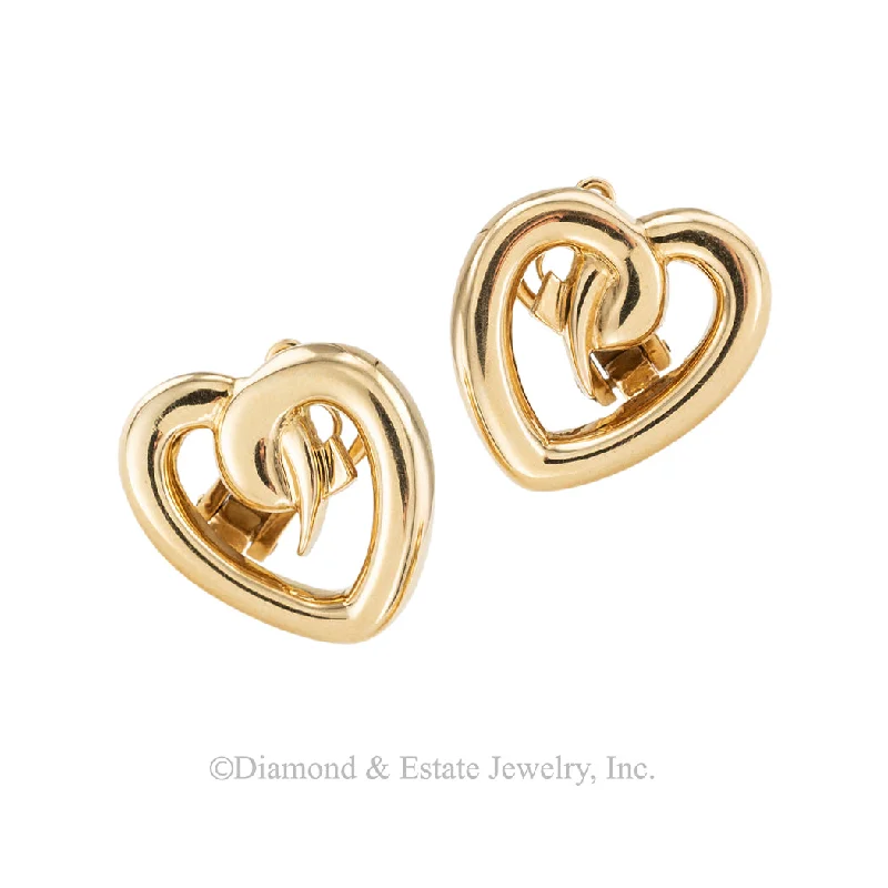 stud earrings for women -Paloma Picasso Tiffany & Co Heart Shaped Yellow Gold Clip On Earrings