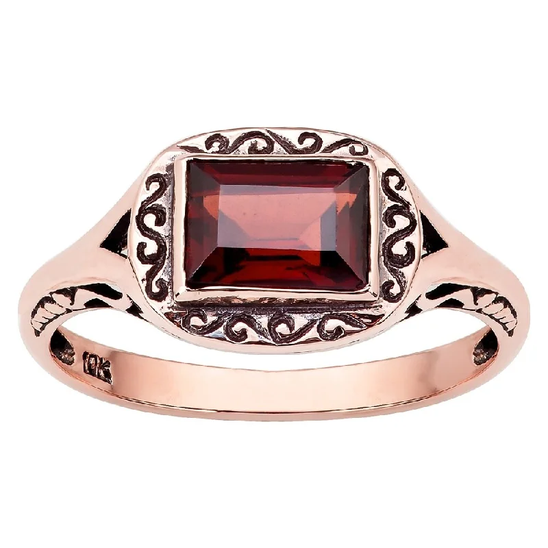 art deco rings for women -Viducci 10k Rose Gold Vintage Style Genuine Garnet Scroll Ring