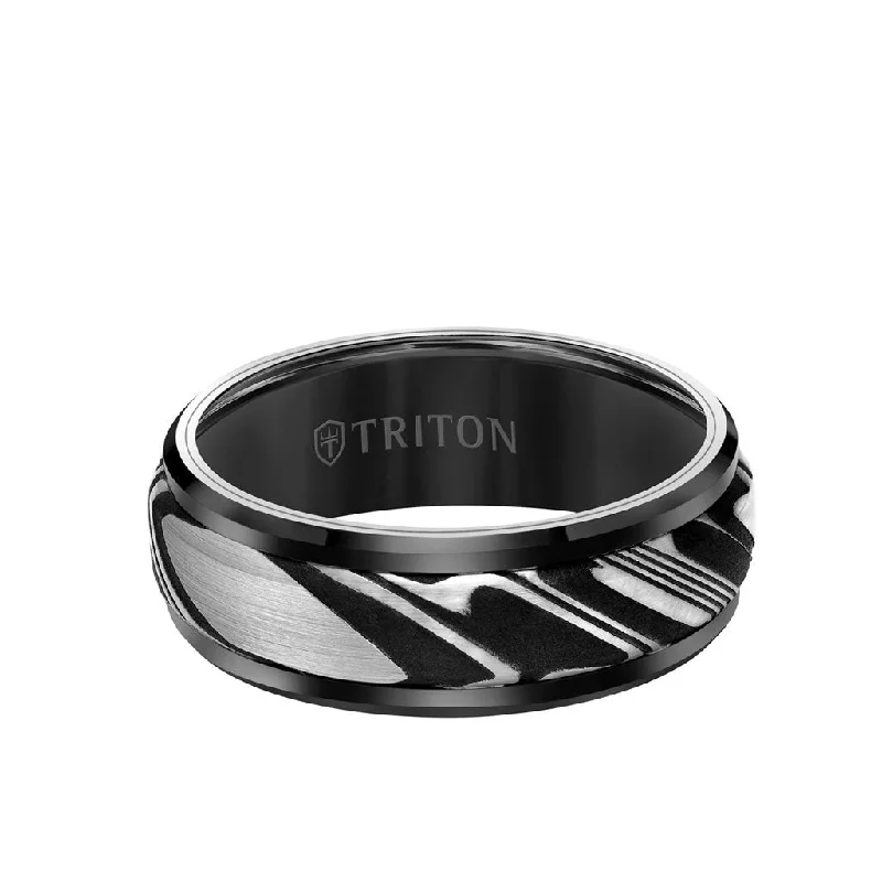 simple chain necklaces for women -8MM Tungsten Carbide Ring - Damascus Steel with Bevel Edge