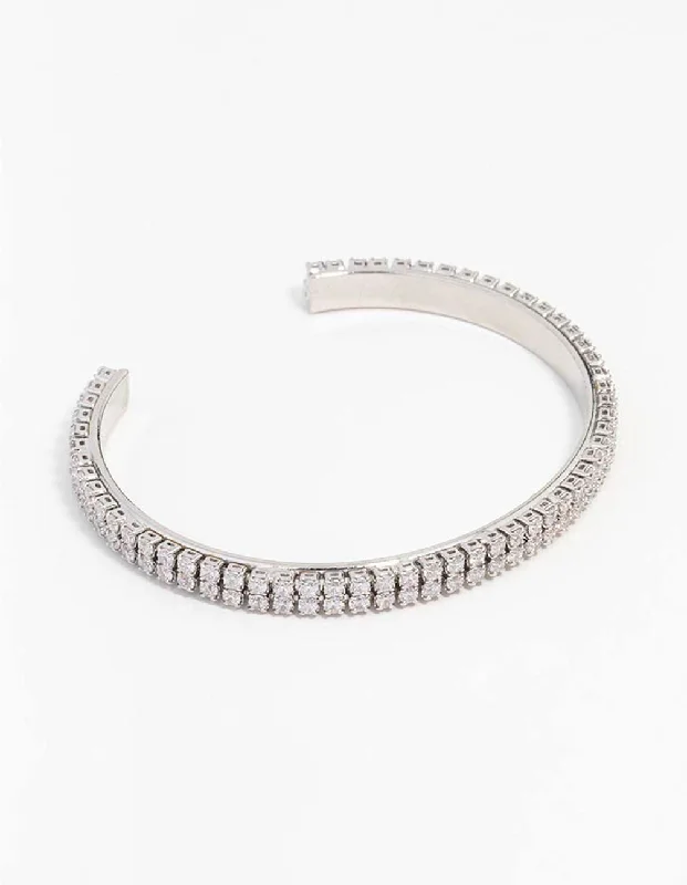 simple silver bracelets -Silver Cubic Zirconia Double Wrist Cuff