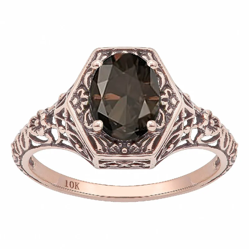 emerald rings for women -Viducci 10k Rose Gold Vintage Style Genuine Oval Smoky Quartz Ring