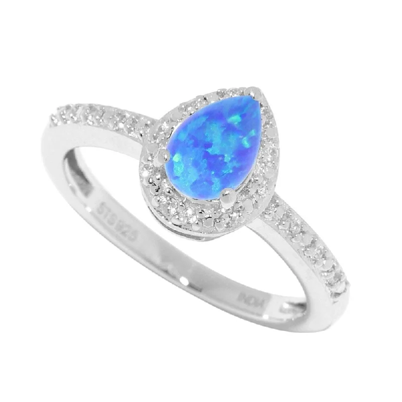 luxury rose gold rings -Sterling Silver with Blue Opal and Natural White Zircon Halo Teardrop Ring