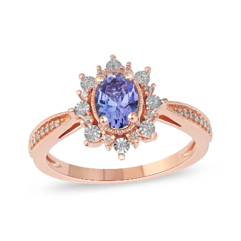 wedding rings for couples -1/10ct TDW Diamond and Tanzanite Gemstone Halo Ring in 10k Rose Gold