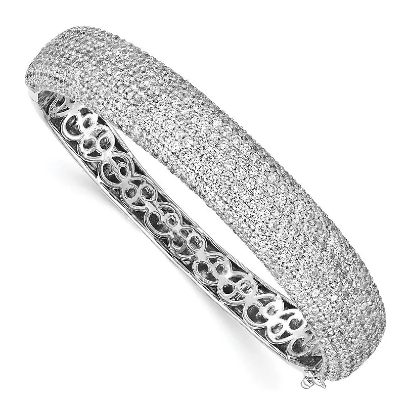 designer bangles for women -Curata 925 Sterling Silver Polished Prong set Rhodium Plated With CZ Cubic Zirconia Simulated Diamond Hinged Cuff Stackable