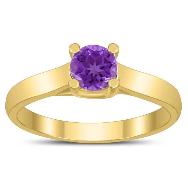 custom engraved rings -Round 5MM Amethyst Cathedral Solitaire Ring in 10K Yellow Gold