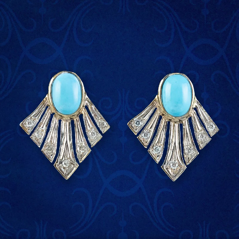 diamond drop earrings for women -Art Deco Style Turquoise Diamond Fan Earrings 9ct Gold