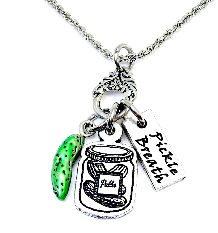 birthday gift necklaces for women -Pickle Breath Pickle jar charm holder necklace 20" chain