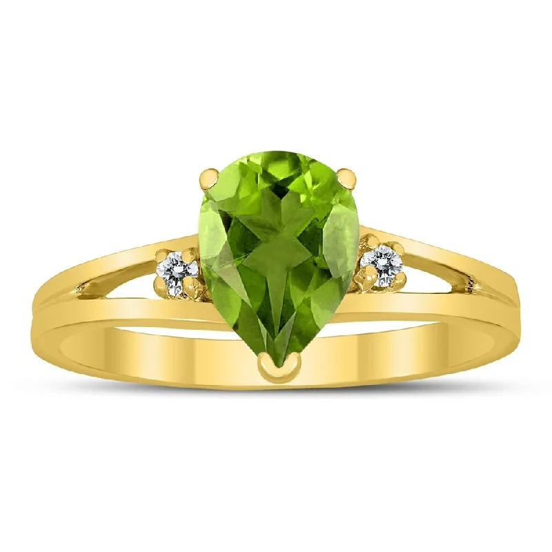 gold plated rings for women -8X6MM Peridot and Diamond Pear Shaped Open Three Stone Ring in 10K Yellow Gold