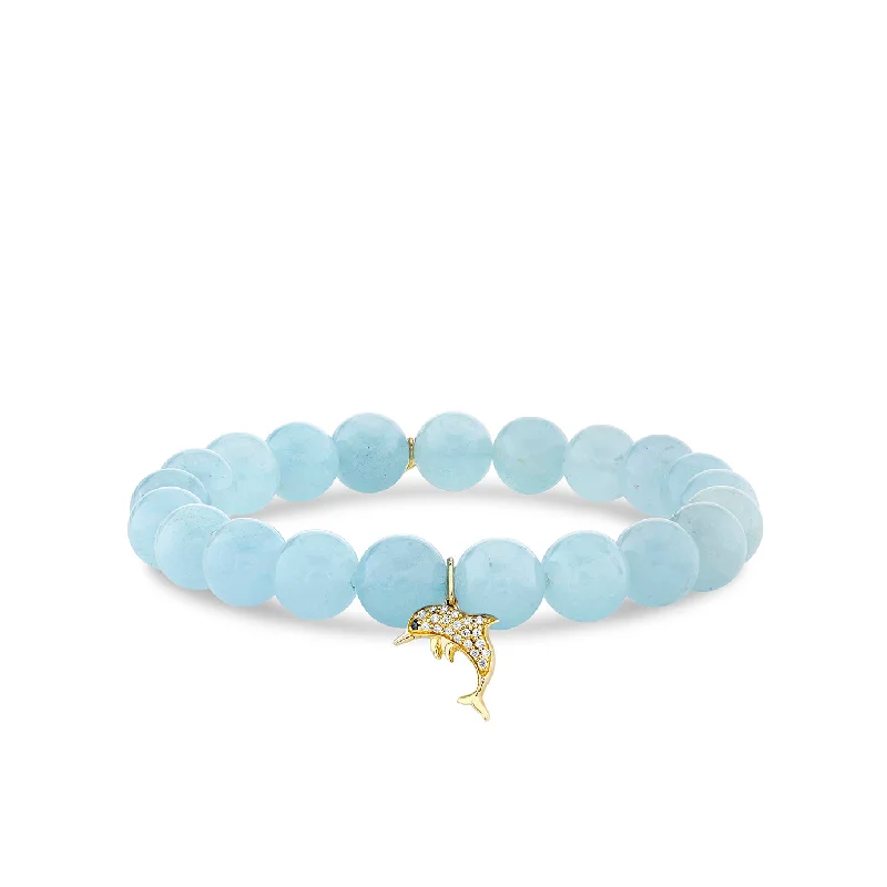 minimalist bracelets for women -Gold & Diamond Dolphin Charm on Aquamarine