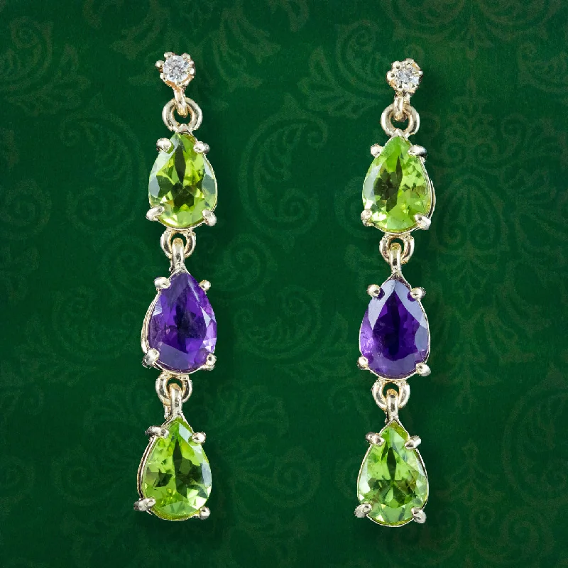 fashion earrings for women -Edwardian Style Suffragette Drop Earrings Diamond Peridot Amethyst