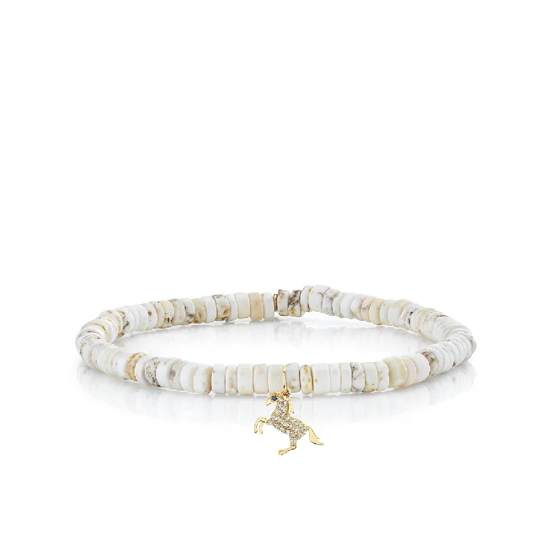 simple leather bracelets for women -Gold & Diamond Small Horse on White Turquoise Heishi