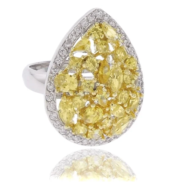 gold wedding bands for women -Dolce Giavonna Silver Overlay Yellow and White Cubic Zirconia Teardrop Ring