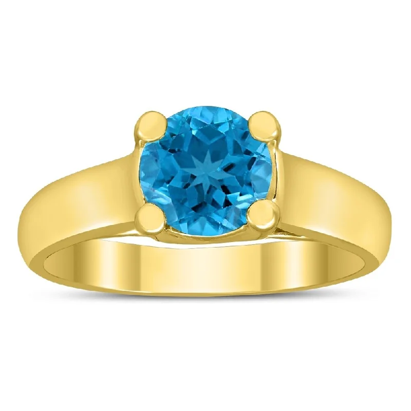 engagement rings for women -Round 7MM Blue Topaz Cathedral Solitaire Ring in 10K Yellow Gold