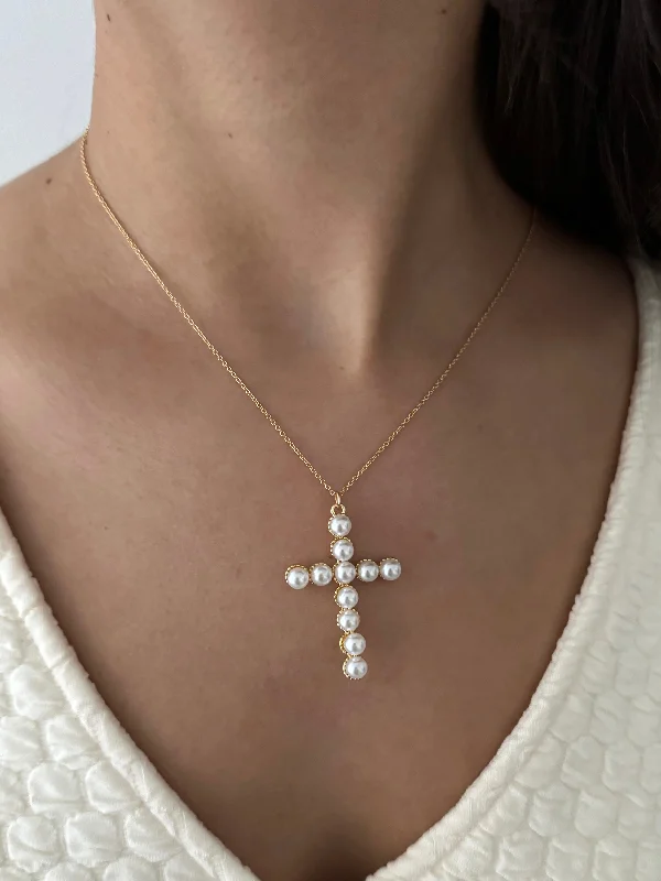 handmade pendant necklaces -COURT PEARL CROSS NECKLACE