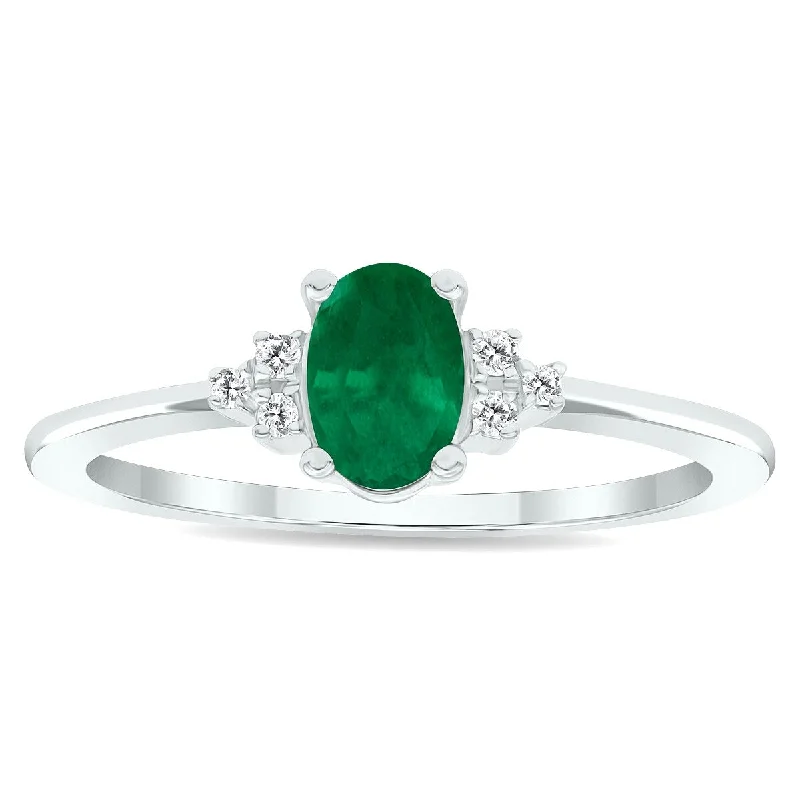 vintage engagement rings -Women's Emerald and Diamond Half Moon Ring in 10K White Gold