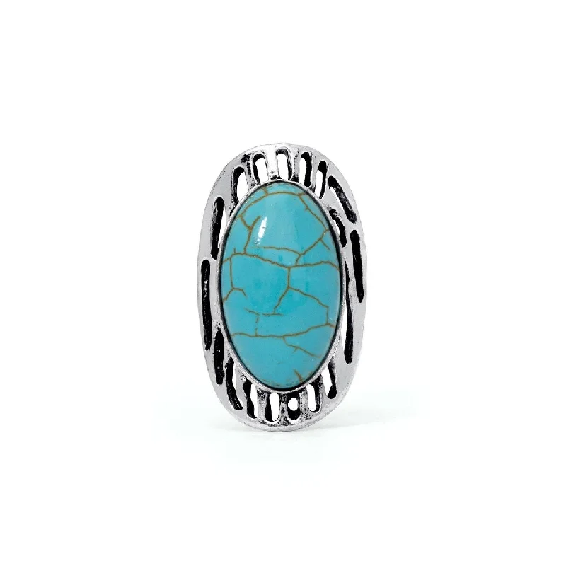 birthstone rings for women -Silver Plated Simulated Turquoise Oval Stripped Ring