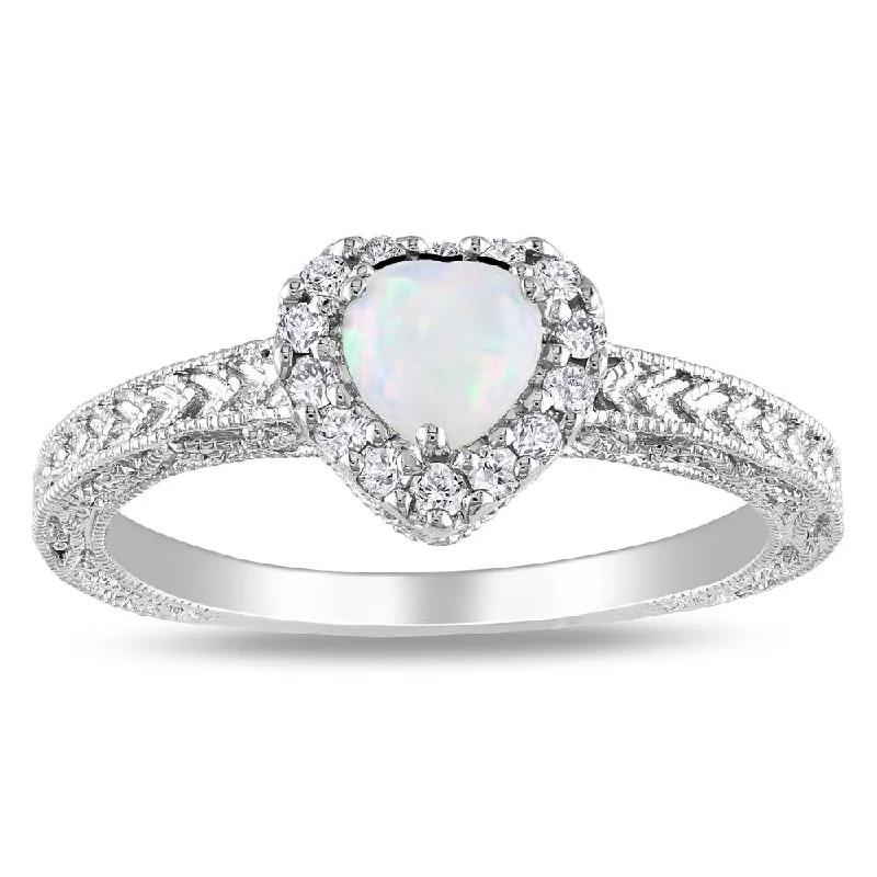 custom wedding rings -Miadora Sterling Silver Opal and 1/6ct TDW Diamond Heart Ring (H-I, I2-I3)