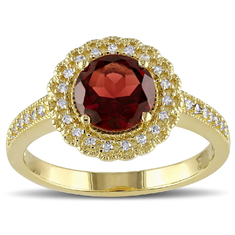 vintage wedding rings for women -Miadora Yellow Plated Sterling Silver Garnet and 1/8ct TDW Diamond Halo Ring (G-H, I2-I3) - Red