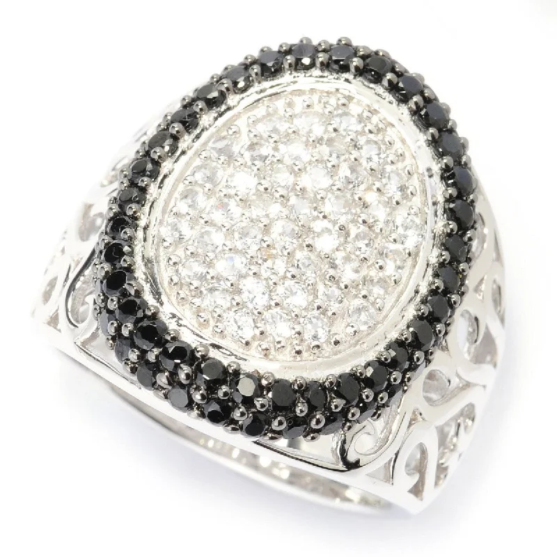 mixed metal rings for women -Sterling Silver White Topaz & Natural Black Spinel Wide Oval Top Ring