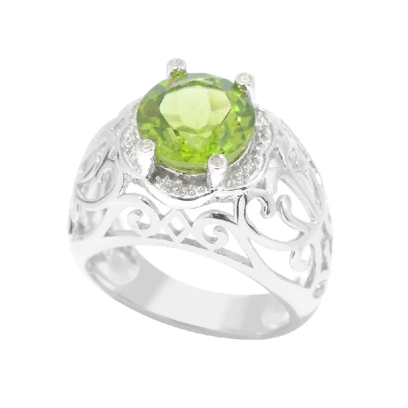 unique rings for women -Sterling Silver Peridot and White Zircon Scrollwork Ring