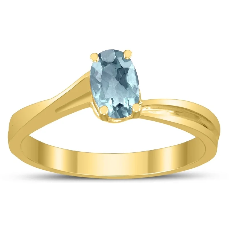 modern wedding rings for women -Solitaire Oval 6X4MM Aquamarine Gemstone Twist Ring in 10K Yellow Gold