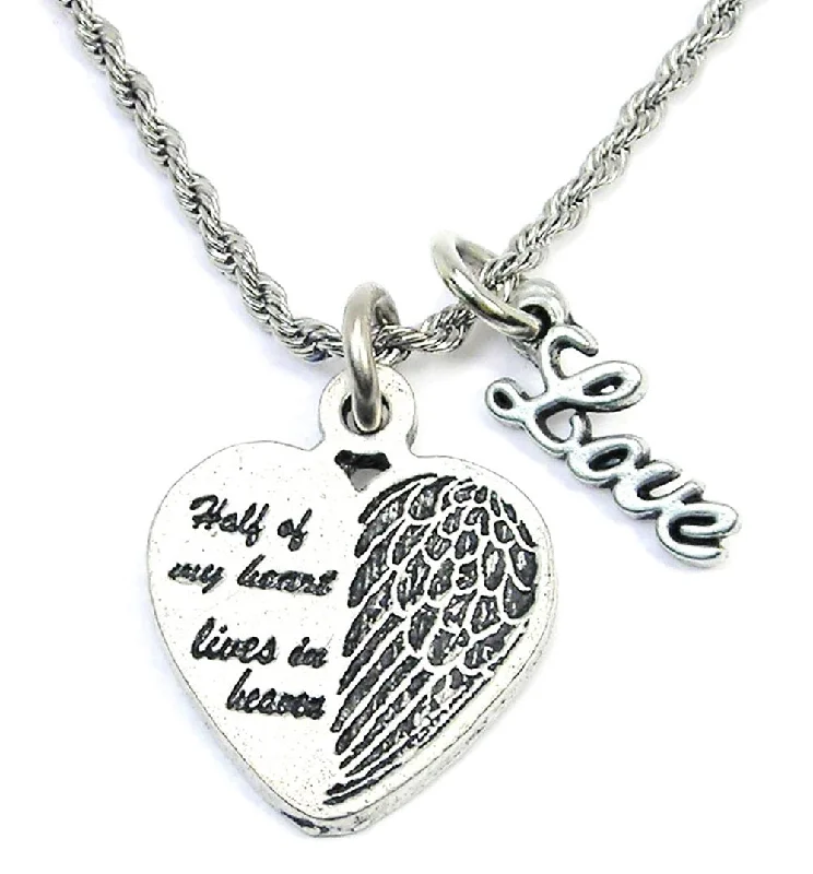 trendy pendant necklaces for women -Half Of My Heart Lives In Heaven Heart With Half Wing 20" Rope Necklace With Love