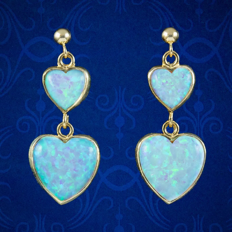 custom earrings for women -Victorian Style Opal Heart Drop Earrings 9ct Gold 7ct Opal