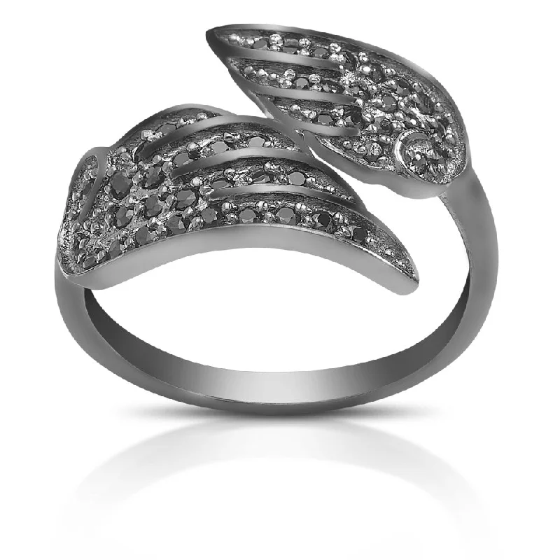 luxury fashion rings for women -Dolce Giavonna Sterling Silver Black or White Cubic Zirconia Angel Wing Wrap Ring