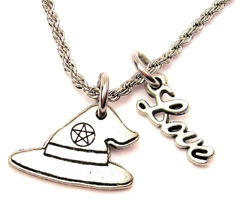 elegant pearl necklaces for women -Witch Hat With Pentacle 20" Chain Necklace With Cursive Love Accent