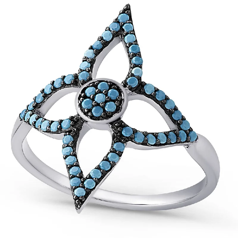 minimalist rings for women -Dolce Giavonna Sterling Silver Simulated Nano Turquoise Flower Ring (Size 7)