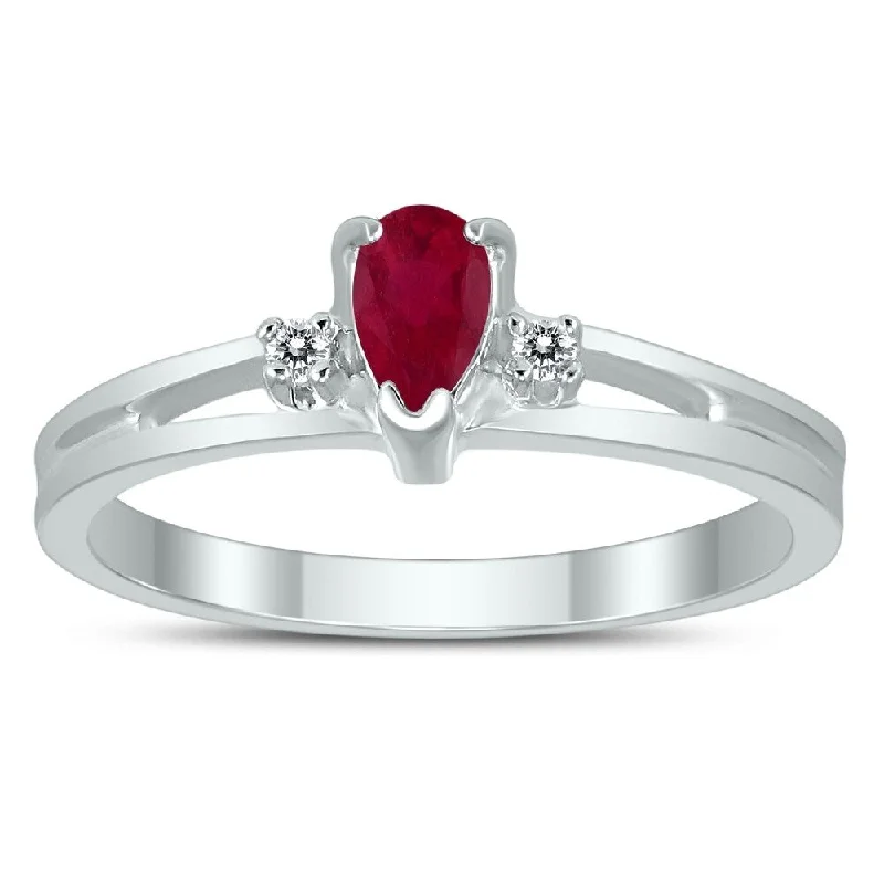 luxury fashion rings for women -5X3MM Ruby and Diamond Pear Shaped Open Three Stone Ring in 10K White Gold