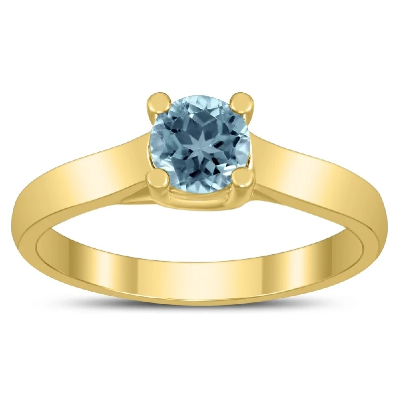 multi-stone rings for women -Round 5MM Aquamarine Cathedral Solitaire Ring in 10K Yellow Gold