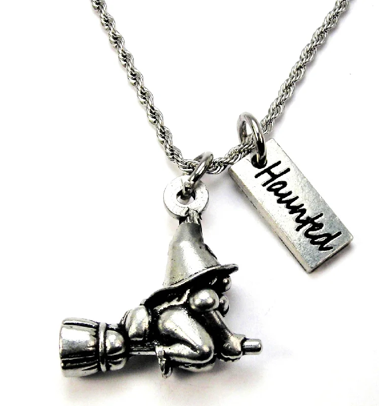 statement necklaces for women -Haunted Witch Gnome Riding her Broom 3D  Charm Necklace