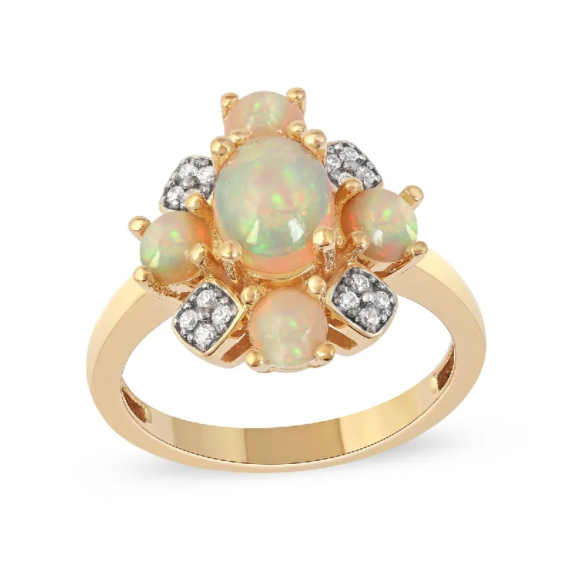 wedding rings with gemstones -Opal Gemstone 1/10ct TDW Diamond Halo Ring in 10k Yellow Gold