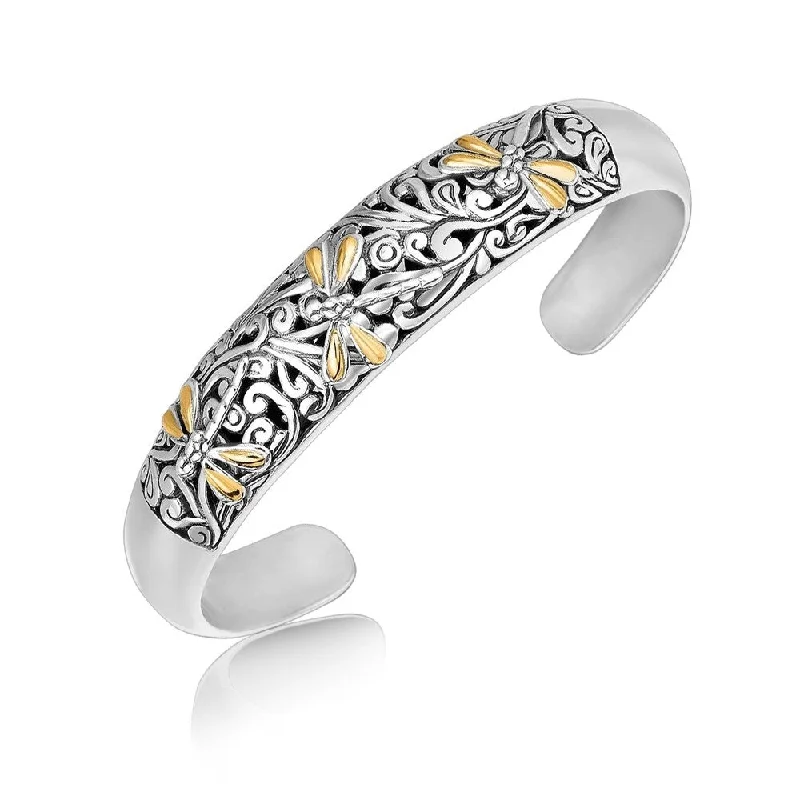 sterling silver cuff bangles -18k Yellow Gold and Sterling Silver Cuff with Dragonfly and Flourishes