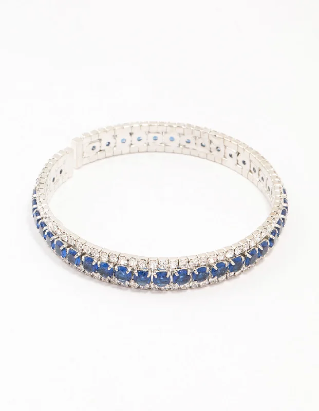 luxury gold bracelets for women -Silver & Blue Round Encased Cubic Zirconia Wrist Cuff