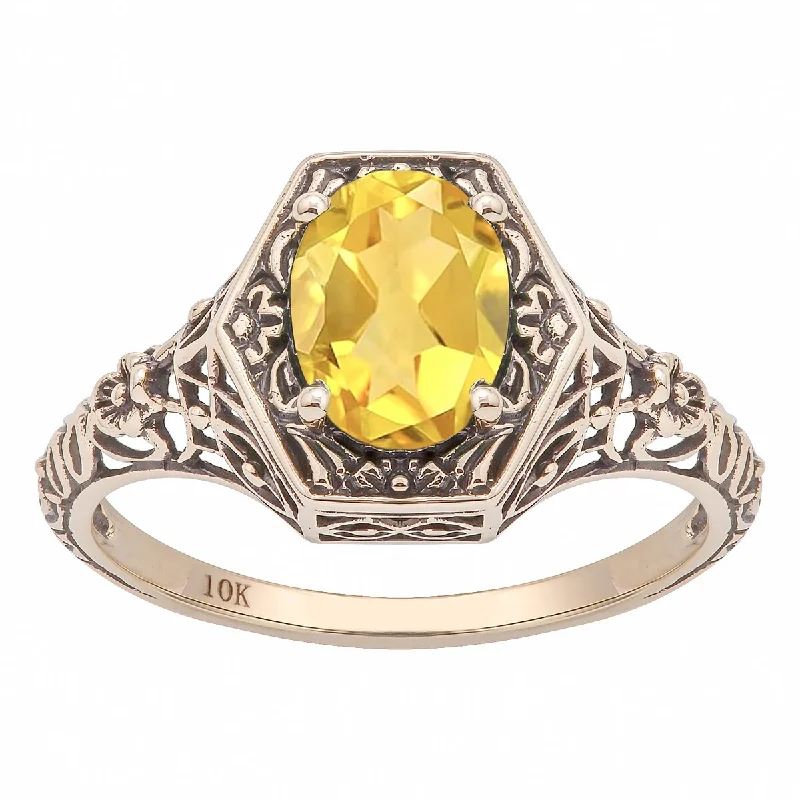 halo wedding rings for women -Viducci 10k Yellow Gold Vintage Style Genuine Oval Citrine Ring