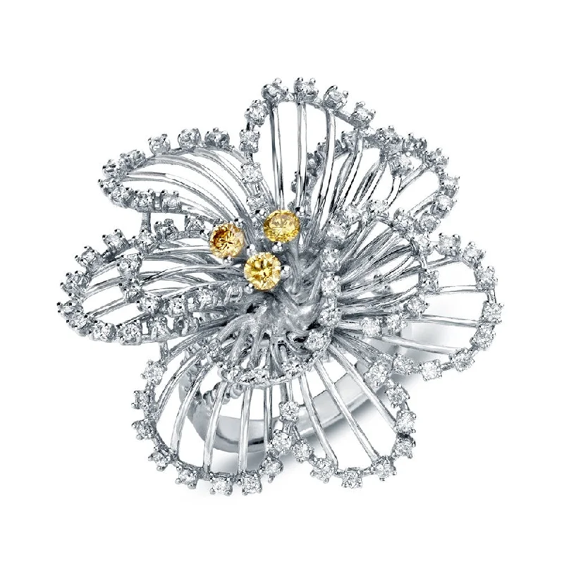 silver rings for women -Auriya Flower Shaped 1 1/3ct TDW Yellow and White Diamond Cocktail Ring 14k White Gold