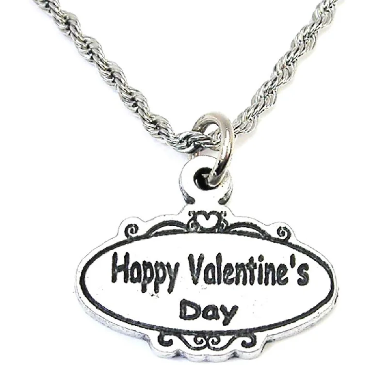 women's silver necklaces -Happy Valentine's Day Scrolled Oval Plaque Single Charm Necklace