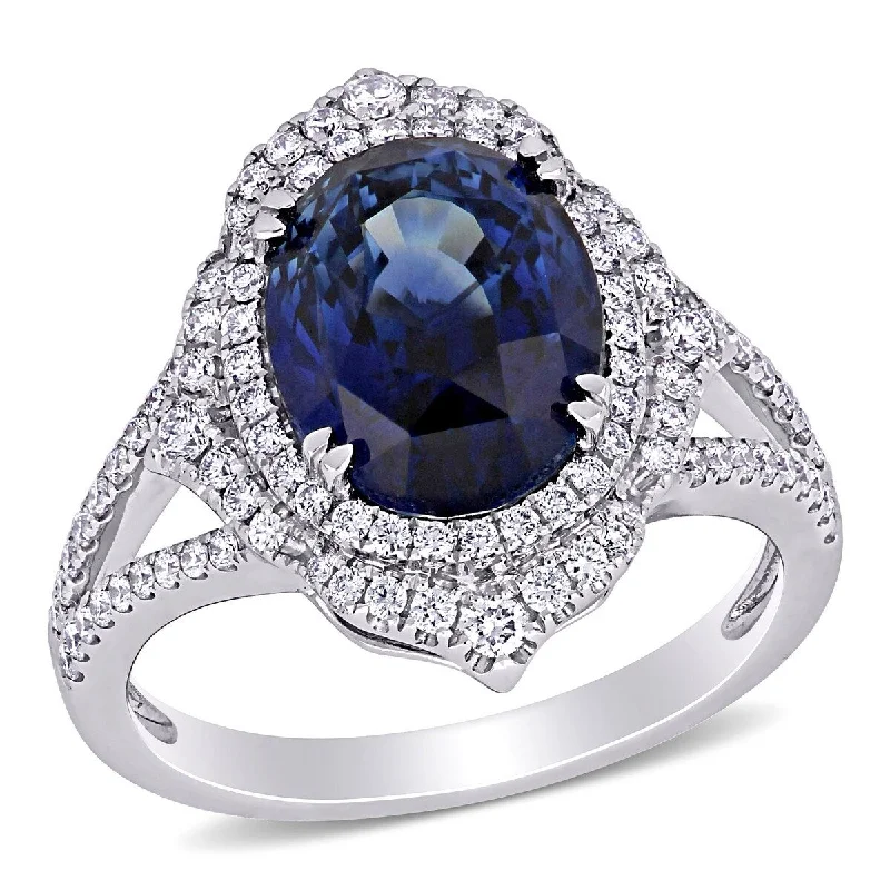 bold rings for women -Miadora 6ct TGW Sapphire 3/5ct TW Diamond Halo Split Shank Cocktail Ring in 14k White Gold