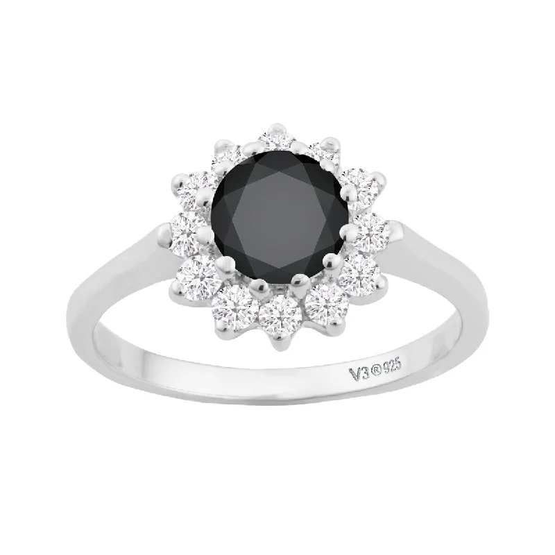 mixed metal rings for women -Sterling Silver with Natural Black Spinel and White Topaz Halo Ring