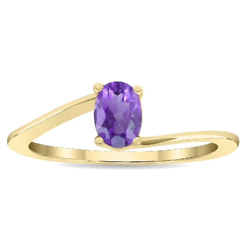 silver engagement rings -Women's Solitaire Oval Shaped Amethyst Wave Ring in 10K Yellow Gold